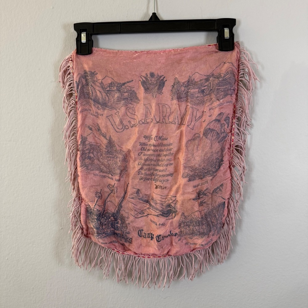 US Army Camp Cooke Souvenir Fabric Panel Pink Fringe Vtg Military Memorabilia